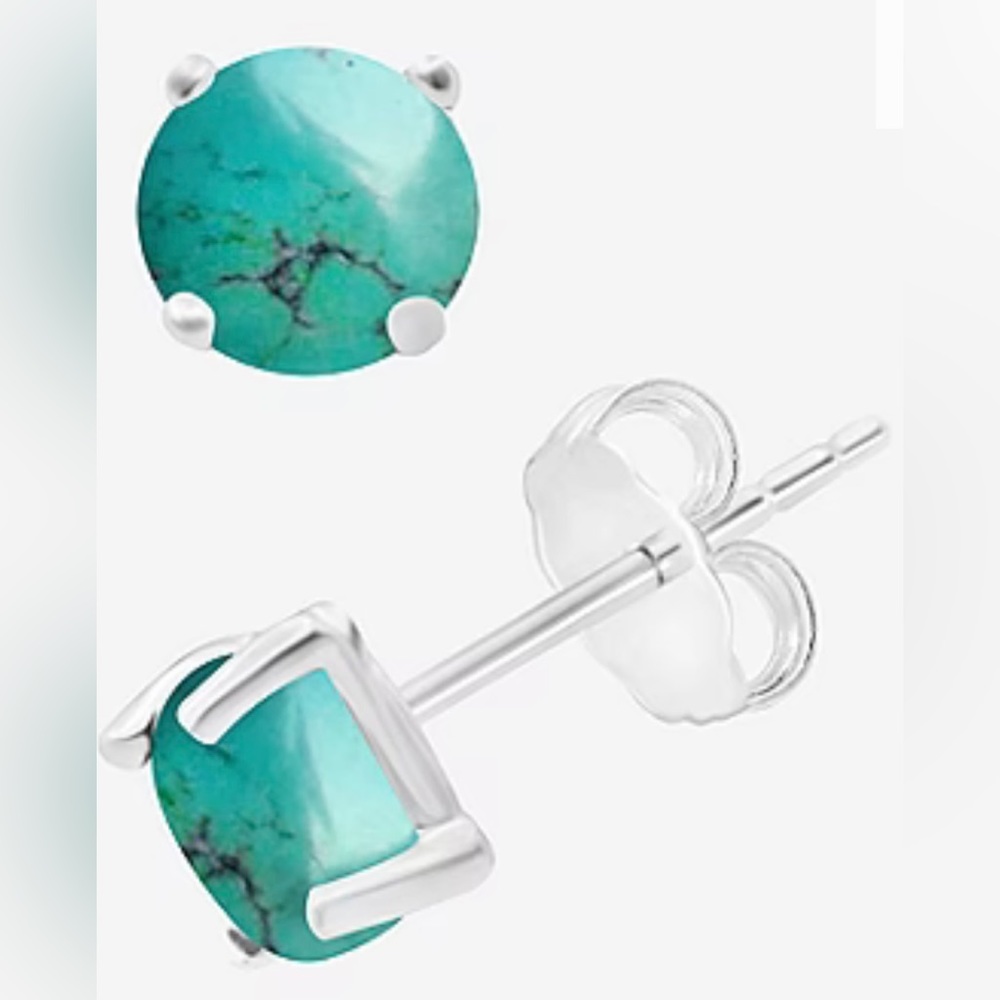 Imitation turquoise small round stud sterling silver earrings. New.